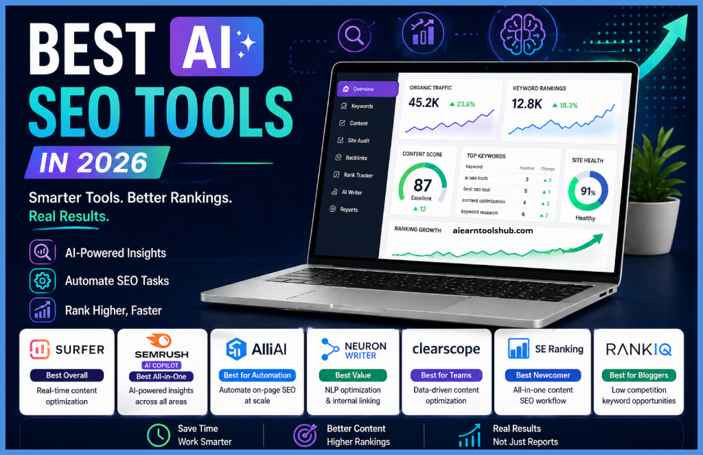 Best AI SEO tools in 2026 infographic featuring Surfer SEO, Semrush Copilot, Alli AI, NeuronWriter, Clearscope, SE Ranking, and RankIQ with dashboard analytics, keyword rankings, and SEO performance growth visualization