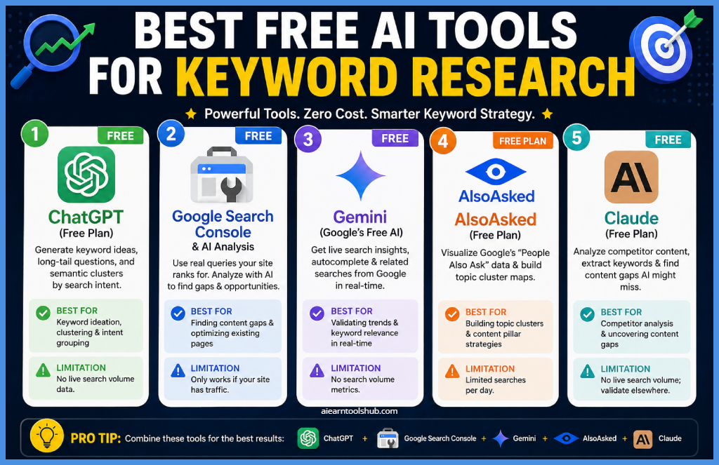 Best free AI tools for keyword research in 2026 including ChatGPT, Google Search Console, Gemini, AlsoAsked, and Claude with features