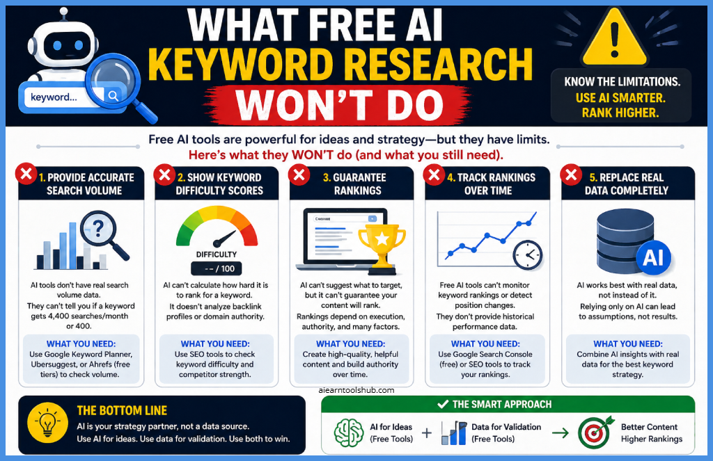 Infographic explaining what free AI keyword research tools cannot do, including lack of search volume data, keyword difficulty scores, ranking tracking, and need for real data validation