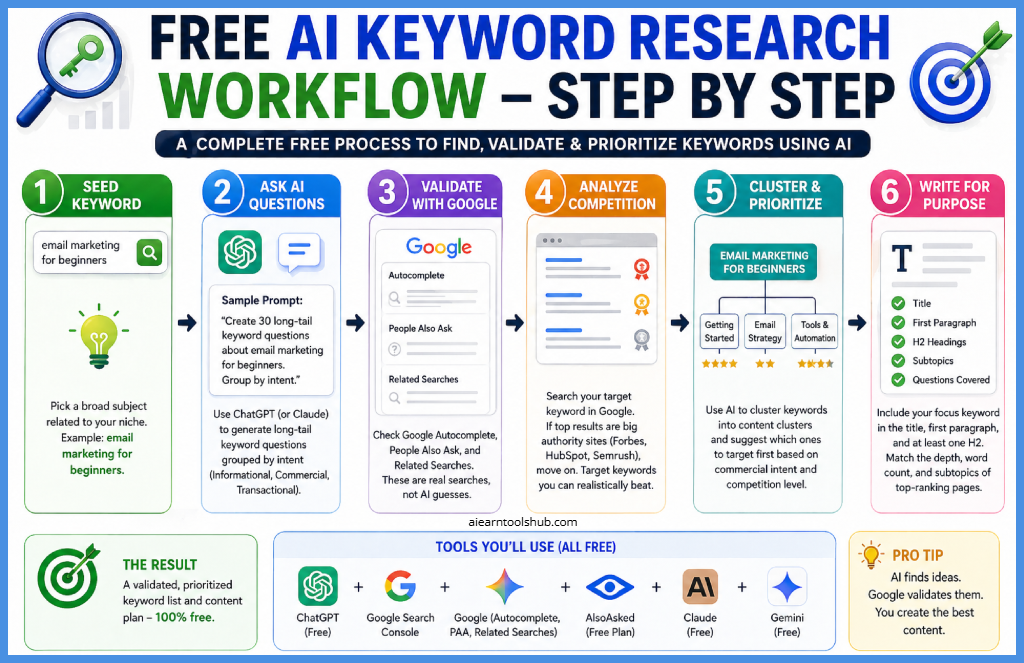 Step-by-step free AI keyword research workflow showing seed keyword selection, AI question generation, Google validation, competition analysis, clustering, and content optimization process