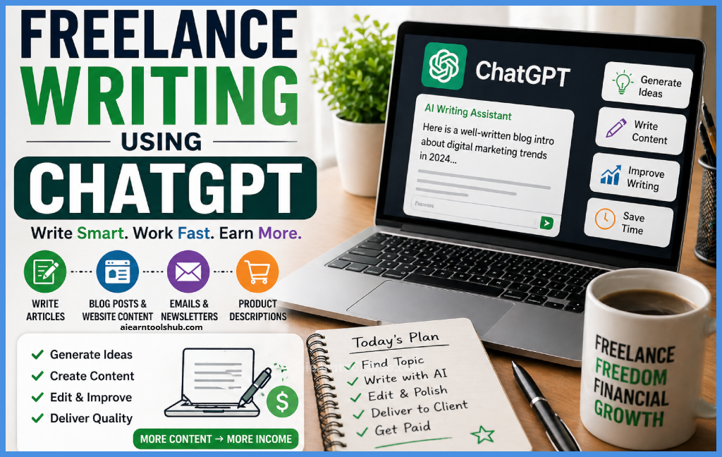Freelance writing using ChatGPT showing AI content creation, blog writing, email copywriting, and online earning