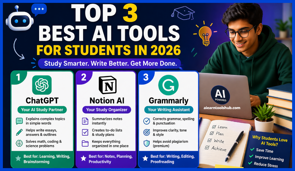 Top 3 best AI tools for students in 2026 featuring ChatGPT, Notion AI, and Grammarly for studying, writing, and productivity
