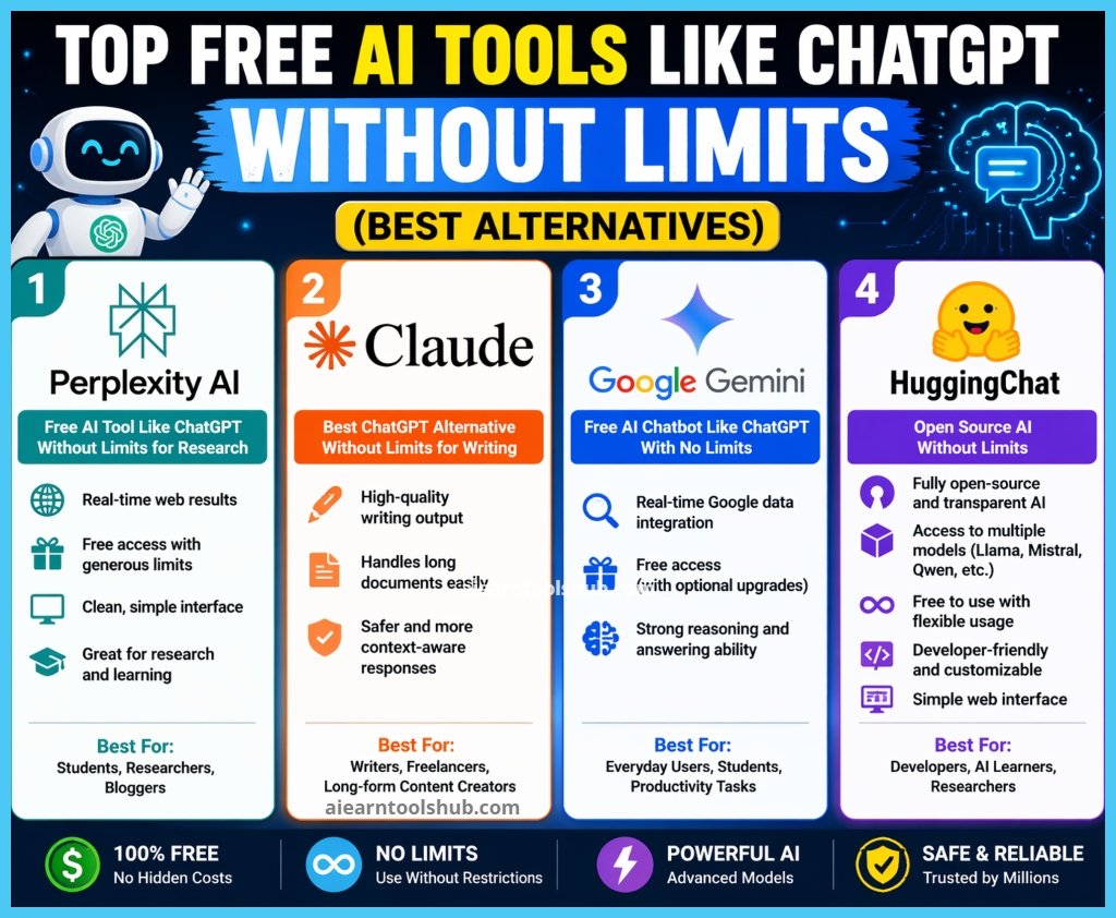 Top free AI tools like ChatGPT without limits in 2026, showing Perplexity AI, Claude, Google Gemini, and HuggingChat
