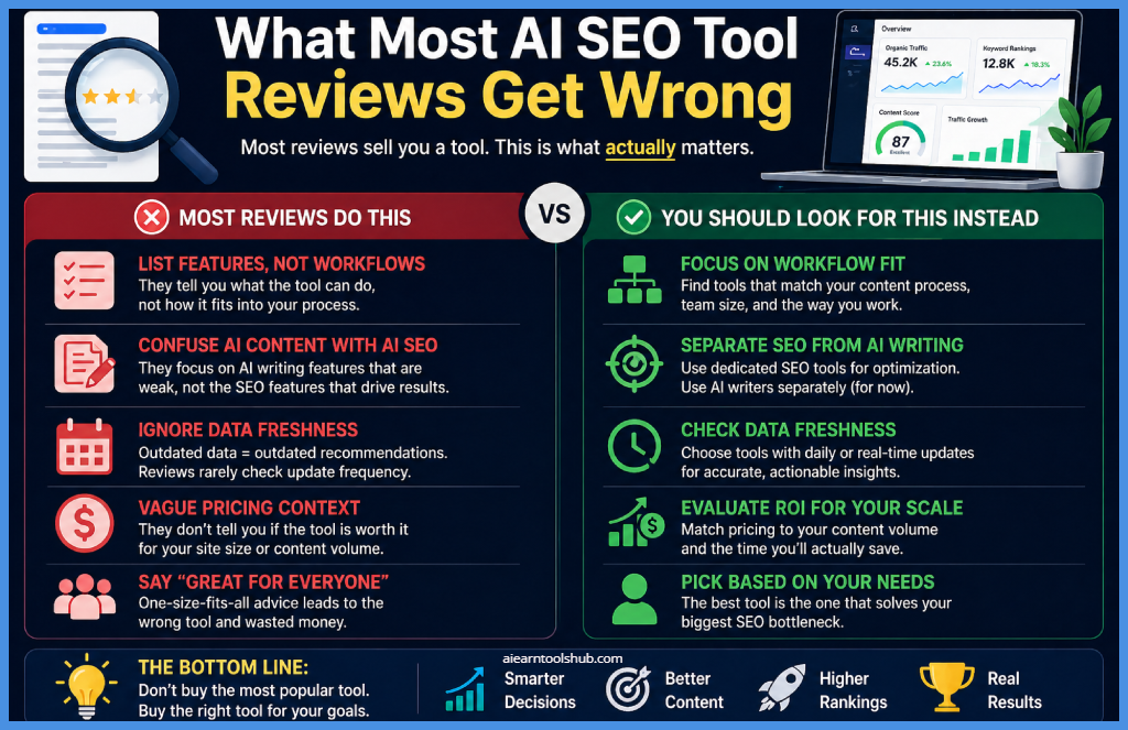 Infographic explaining what most AI SEO tool reviews get wrong, comparing common mistakes like focusing on features, confusing AI writing with SEO