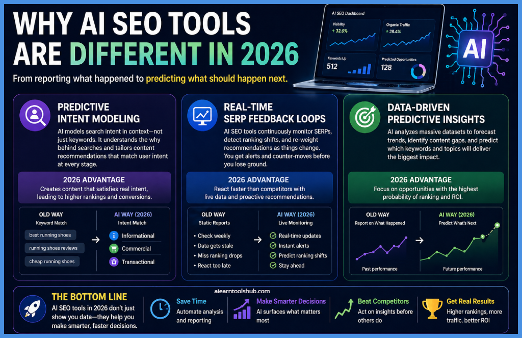 Infographic explaining why AI SEO tools are different in 2026