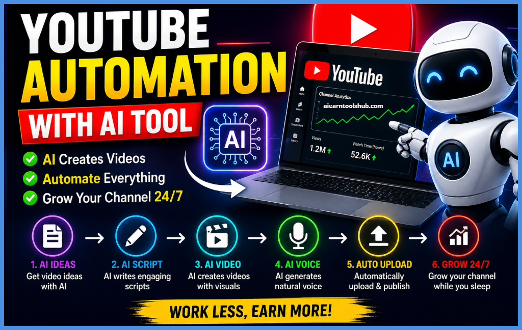 YouTube automation thumbnail showing AI tools