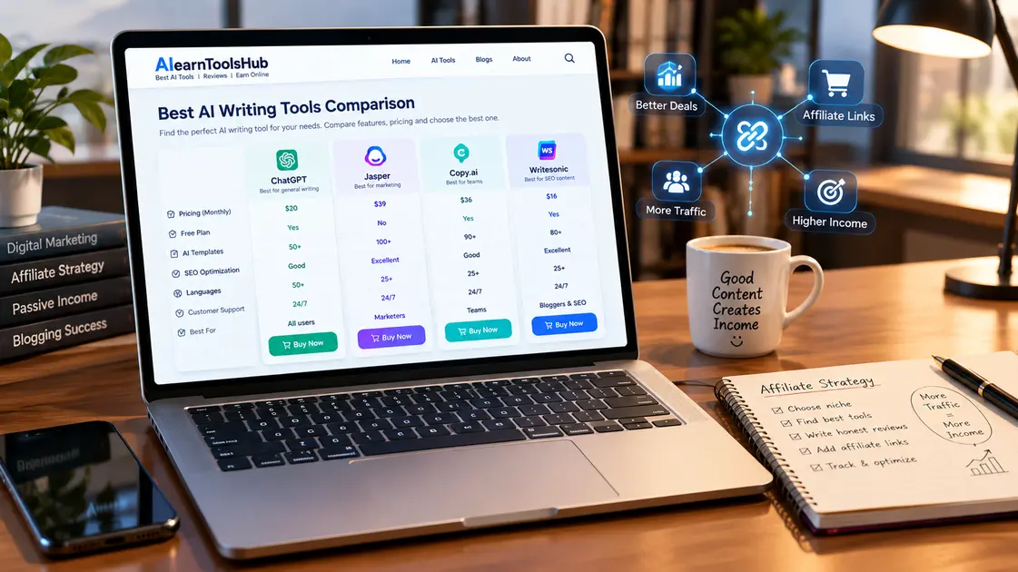 Hands-on product review setup with tracked affiliate links on a laptop screen make money from a website