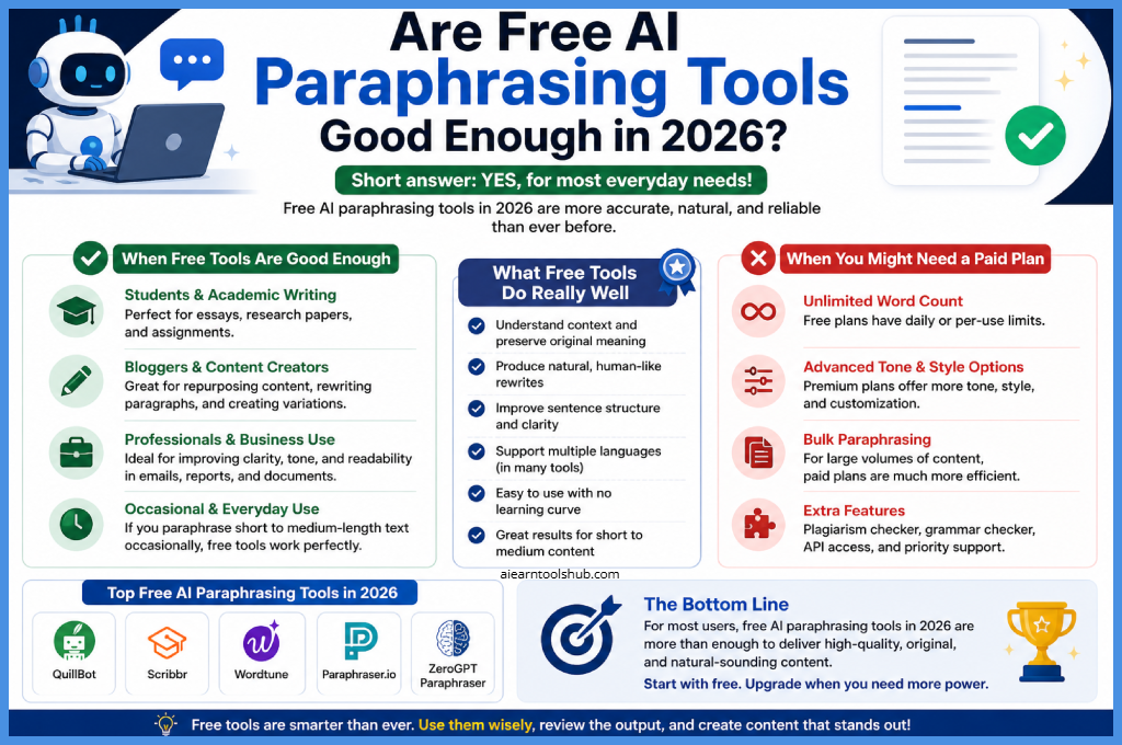 free AI paraphrasing tools are good enough in 2026, highlighting benefits, limitations, use cases, and comparison with paid plans for students, bloggers, and professionals.”