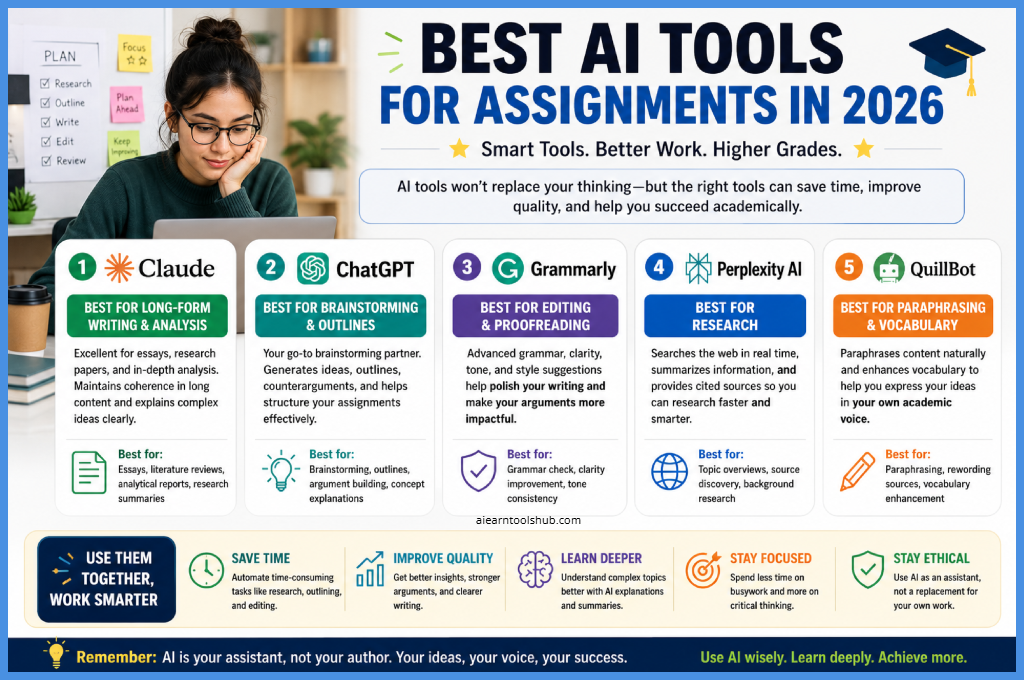 best AI tools for assignments in 2026 including Claude, ChatGPT, Grammarly, Perplexity AI, and QuillBot