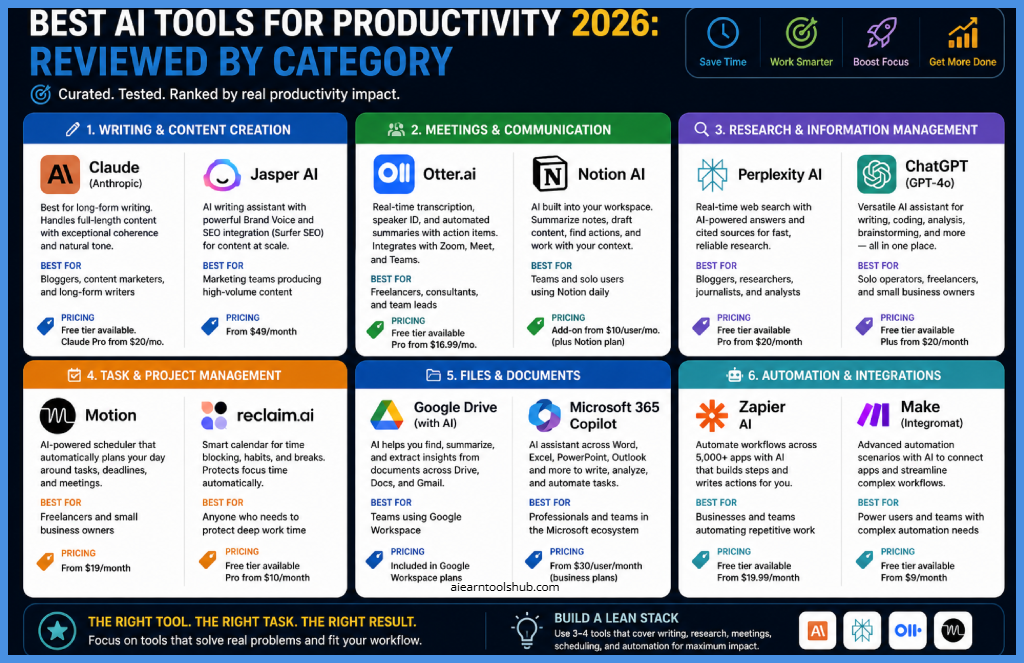 best AI tools for productivity in 2026 reviewed by category including writing, meetings, research, task management, documents, and automation tools