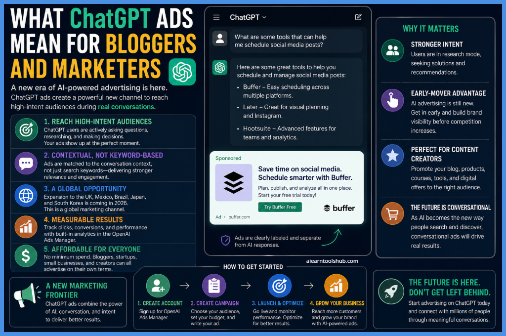 what ChatGPT ads mean for bloggers and marketers, featuring AI advertising benefits, conversational targeting, global reach, measurable results, and OpenAI Ads Manager.
