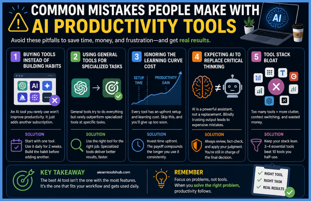 Infographic showing common mistakes people make with AI productivity tools including tool overload, ignoring learning curve, and using general tools for specialized tasks