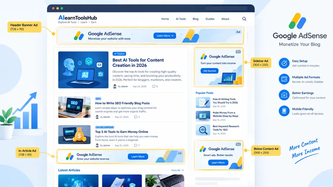 Clean blog layout showing optimized ad network banner placements make money from a website