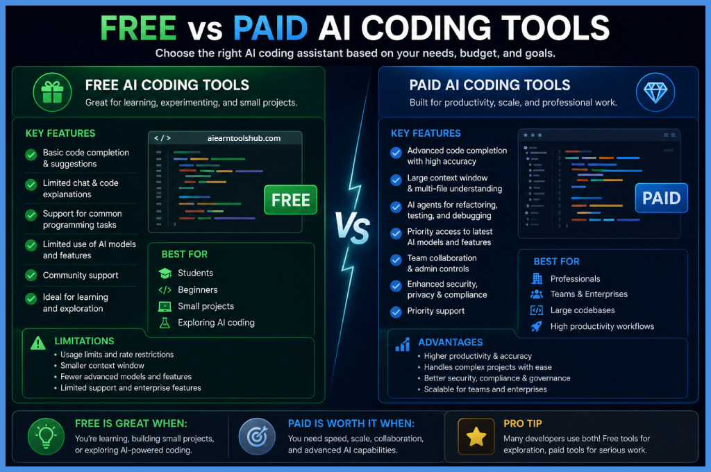free vs paid AI coding tools in 2026, featuring key features, limitations, advantages, and ideal users for each category