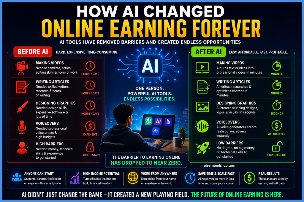 how AI changed online earning forever by making content creation, video production, design, and freelancing faster, easier, and more profitable in 2026.