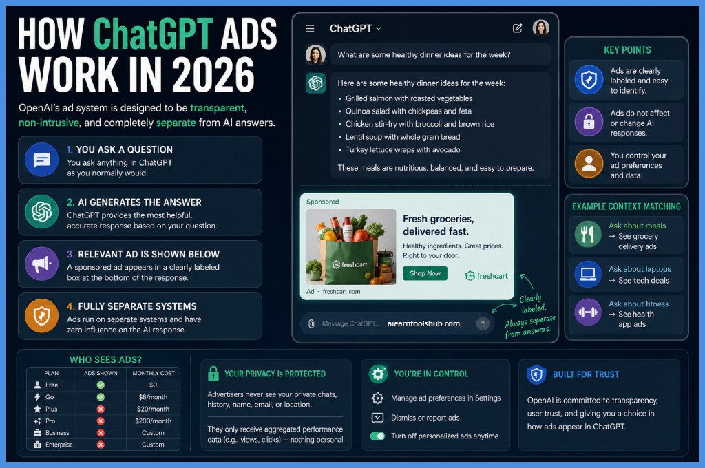 how ChatGPT ads work in 2026 with sponsored content displayed separately from AI responses, privacy protection, contextual advertising, and ad-free paid plans.”