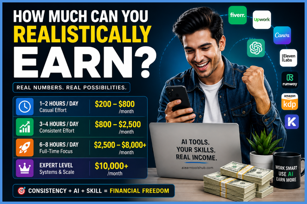 AI online earning potential in 2026 with monthly income ranges based on daily work hours using apps like Fiverr, Upwork, Canva, ChatGPT, ElevenLabs, Runway, and Amazon KDP.