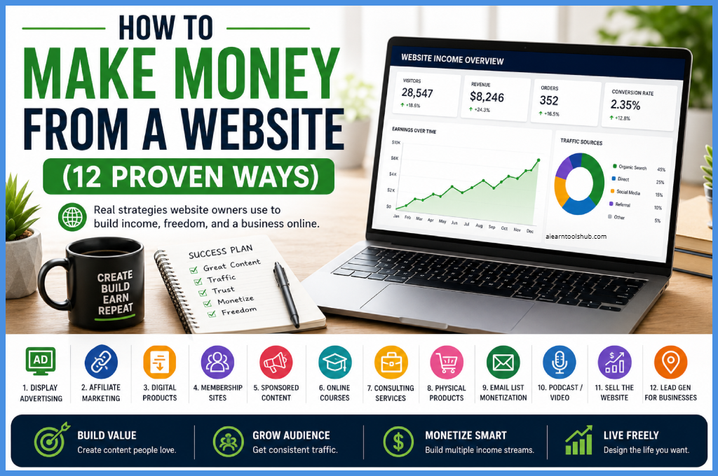 12 proven monetization methods including display advertising, affiliate marketing, digital products, memberships, sponsored content, online courses, consulting, eCommerce, email marketing, podcasting, website flipping, and lead generation."