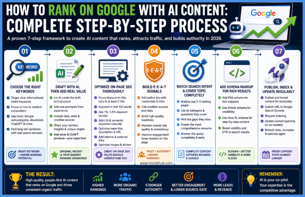Step-by-step process to rank on Google with AI content in 2026 including keyword research, content optimization, E-E-A-T, schema markup, and publishing strategy