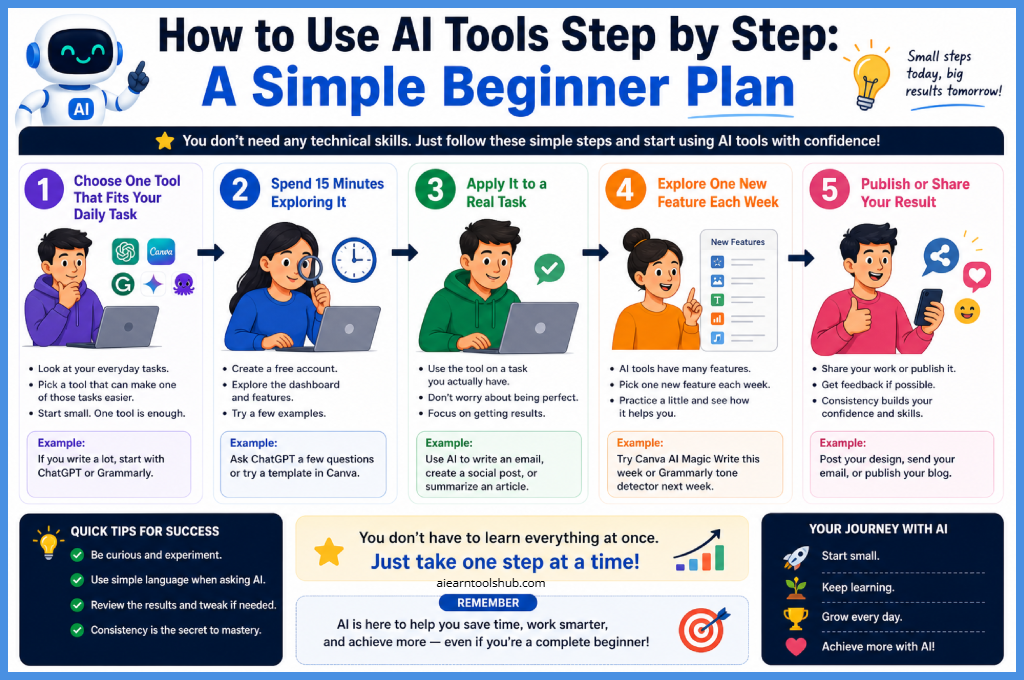 Step-by-step infographic showing how beginners can use AI tools, from choosing a tool to applying it and sharing results