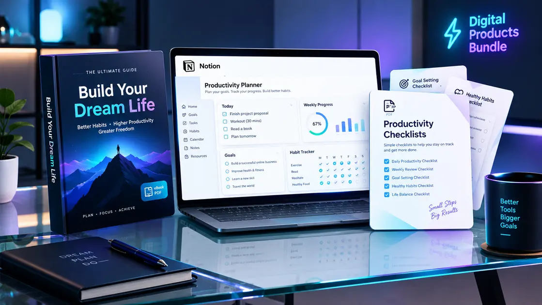 Digital mockup of downloadable templates, eBooks, and prompt packs make money from a website