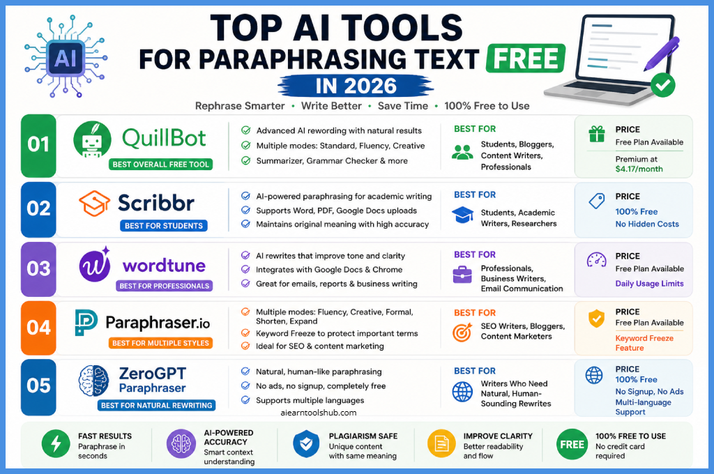 Infographic of top free AI paraphrasing tools in 2026 including QuillBot, Scribbr, Wordtune, Paraphraser.io, and ZeroGPT with features, pricing, and best use cases for writers, students, and professionals.
