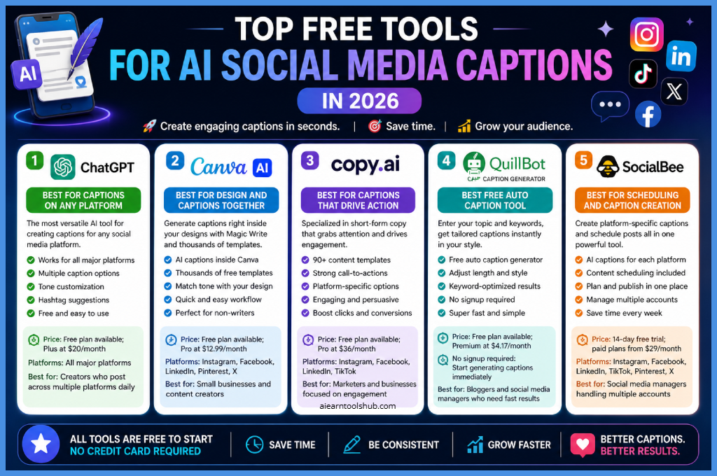 top free AI tools for social media captions in 2026 including ChatGPT, Canva AI, Copy.ai, QuillBot, and SocialBee