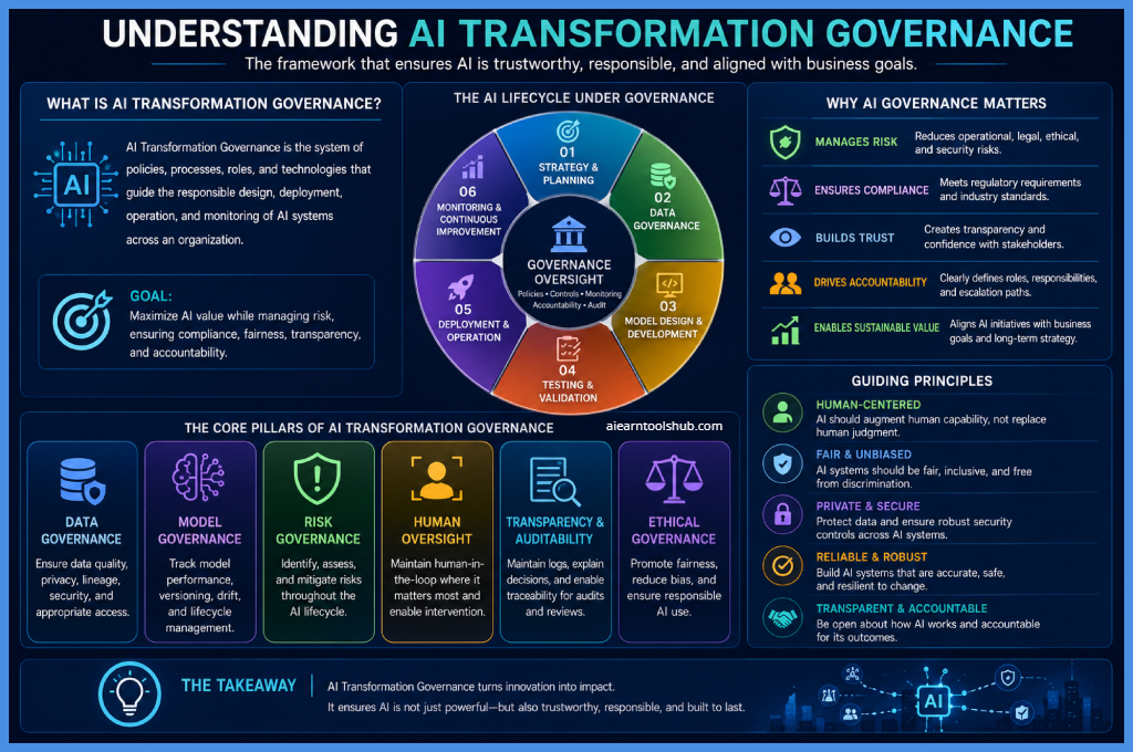 AI transformation governance, including AI lifecycle management, governance oversight, data governance, model governance, risk management, human oversight, transparency, ethical AI principles, compliance, accountability, and trustworthy AI operations in modern enterprises.