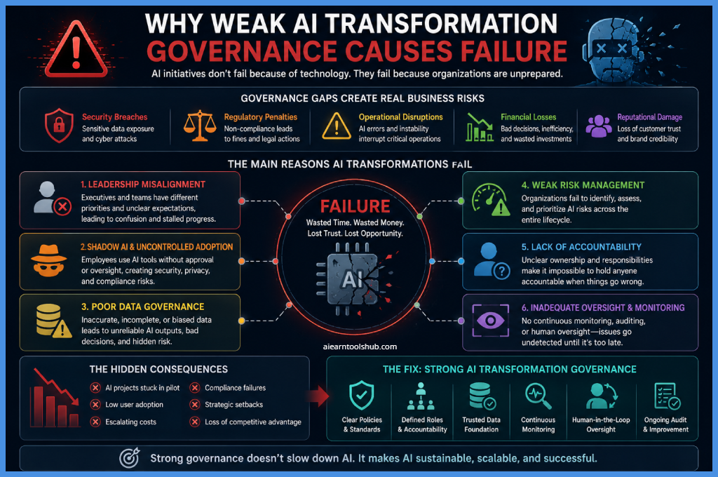 why weak AI transformation governance causes failure, highlighting governance gaps such as leadership misalignment, shadow AI, poor data governance