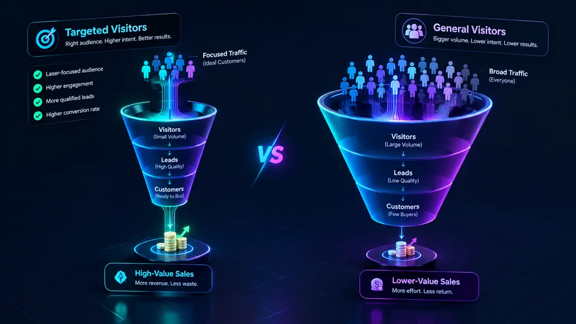 Conceptual comparison of small targeted traffic earning high conversion revenue vs. general high traffic make money from a website