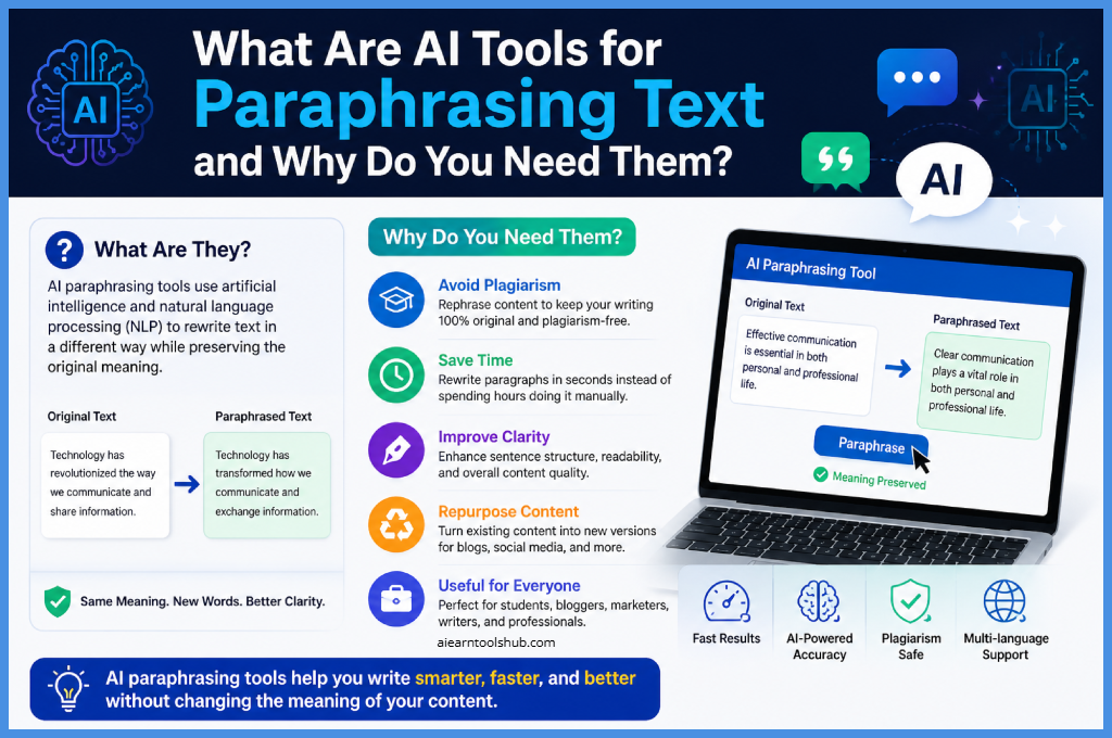 what AI paraphrasing tools are and why they are needed, showing benefits like avoiding plagiarism, saving time, improving clarity, and repurposing content with an AI text rewriting example