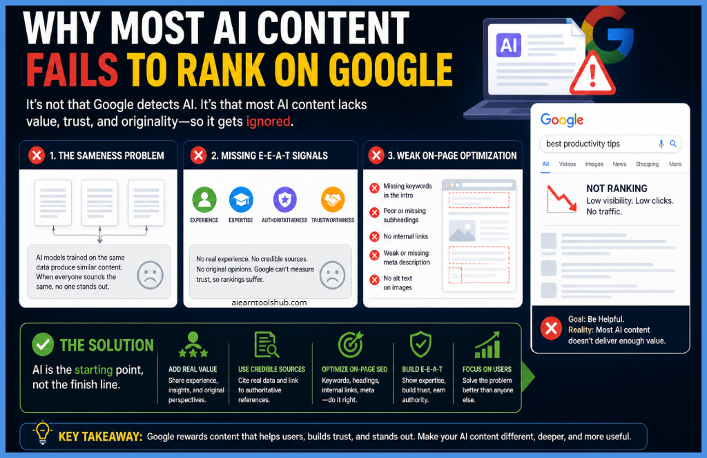 Why most AI content fails to rank on Google showing issues like lack of originality, missing E-E-A-T signals, and poor on-page SEO optimization