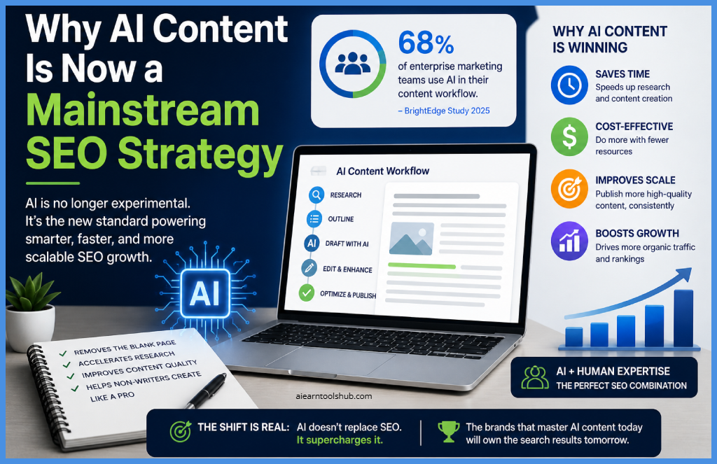 Why AI content is a mainstream SEO strategy in 2026 showing benefits like faster content creation, scalability, cost efficiency, and improved search rankings