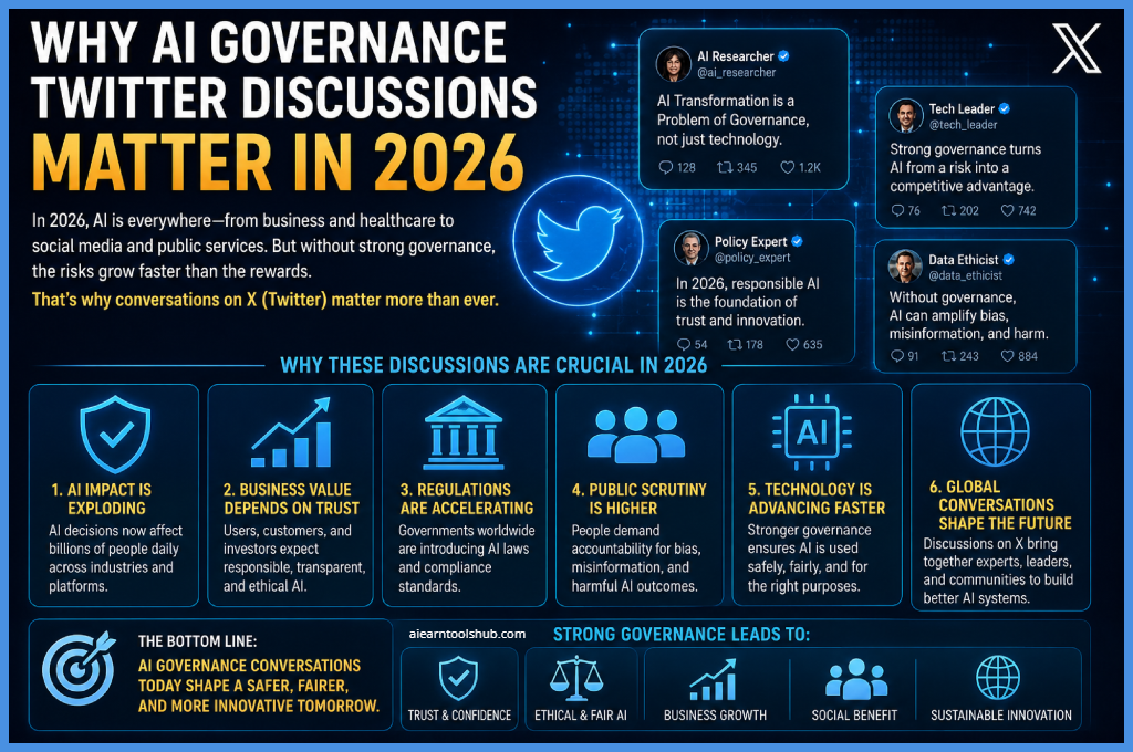 Infographic explaining why AI governance Twitter discussions matter in 2026, featuring AI experts on X,