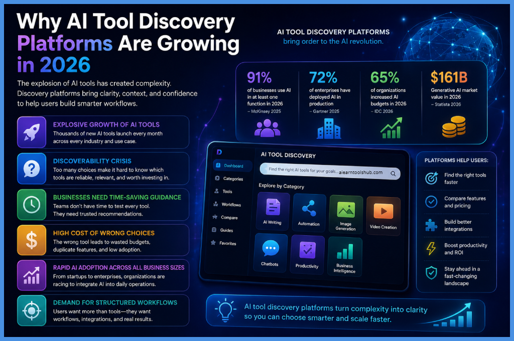 why AI tool discovery platforms are growing in 2026, featuring AI adoption statistics, business productivity data, workflow categories, and a glowing AI dashboard interface with sections for writing, automation, image generation, video creation, chatbots, productivity, and business intelligence.