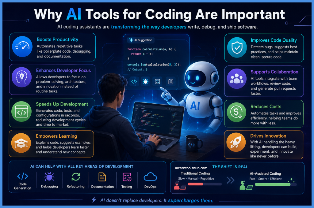 why AI tools for coding are important, featuring AI-powered software development benefits such as productivity, debugging, code quality, collaboration, automation, testing, DevOps, and faster development workflows with a futuristic developer workspace and AI assistant robot.
