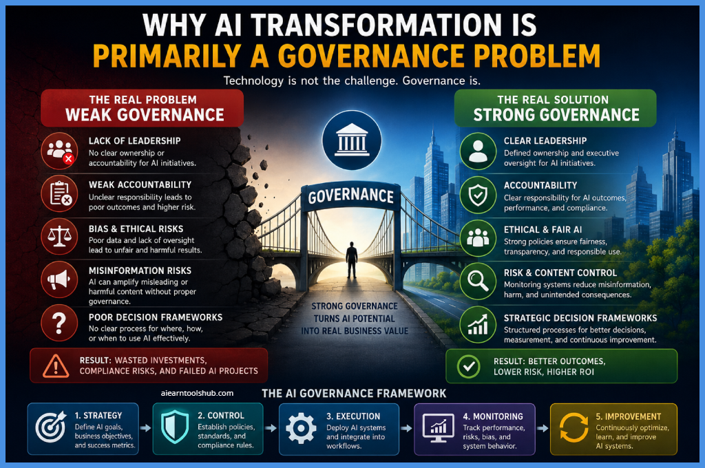 why AI transformation is primarily a governance problem, comparing weak AI governance issues like lack of leadership, bias, misinformation, and poor accountability with strong governance solutions including ethical AI, strategic frameworks, monitoring, and executive oversight