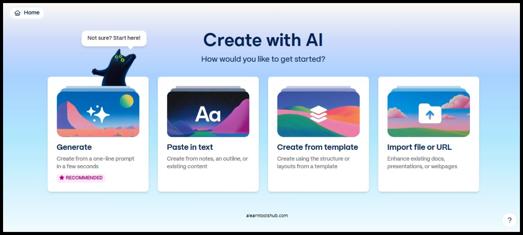 Gamma AI presentation generator creating professional student presentations with automated slide design, content organization, visuals, and polished layouts.