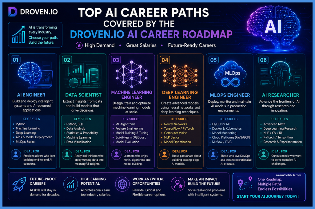 top career paths covered by the Droven.io AI Career Roadmap in 2026