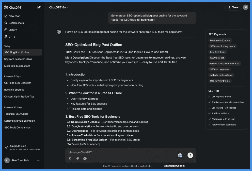 ChatGPT interface demonstrating AI-assisted SEO content creation with a blog outline, keyword optimization suggestions, content planning, and writing guidance for search engine optimization.