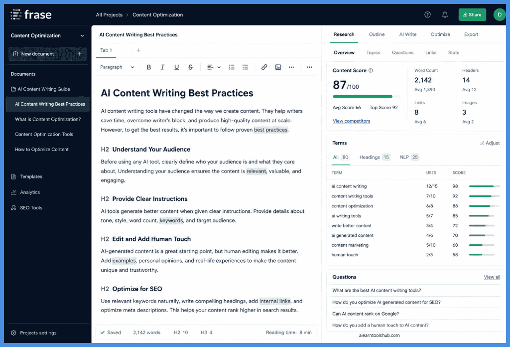 Frase.io content optimization dashboard showing AI writing assistant, SEO content score, keyword suggestions, research panel, content editor, and optimization metrics for search-focused content creation.