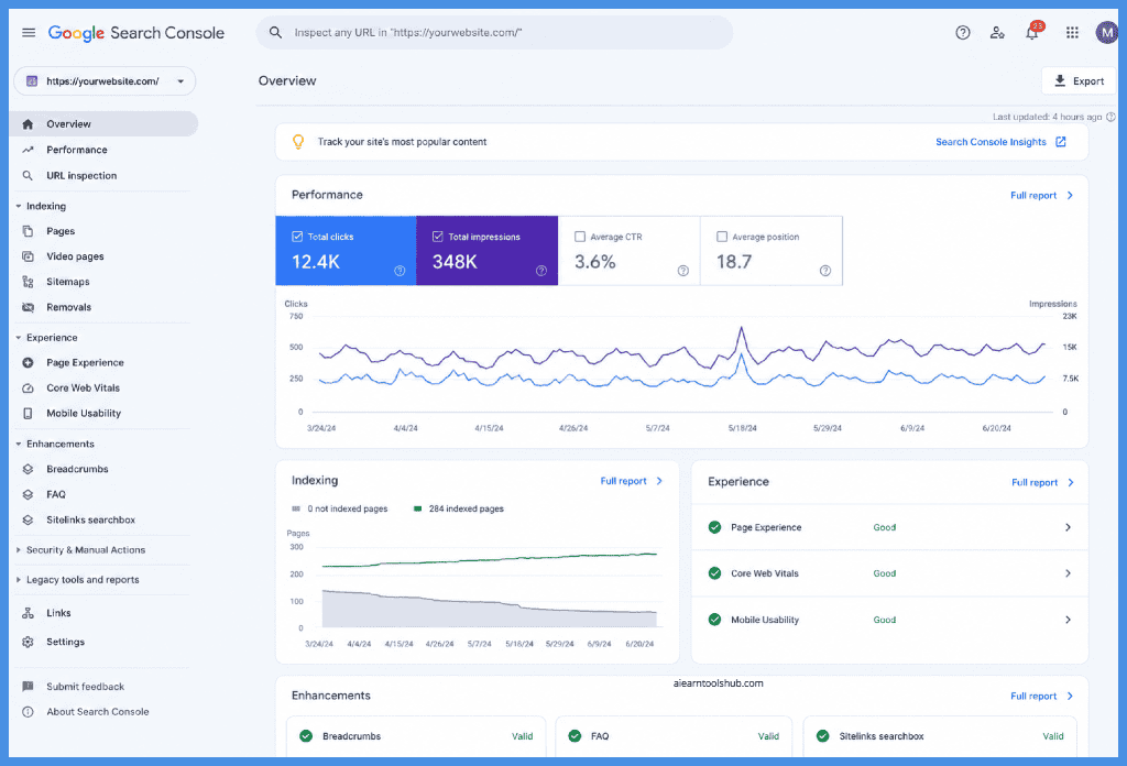 Google Search Console dashboard displaying website performance metrics, search clicks, impressions, indexing status, Core Web Vitals, page experience, and search optimization insights.
