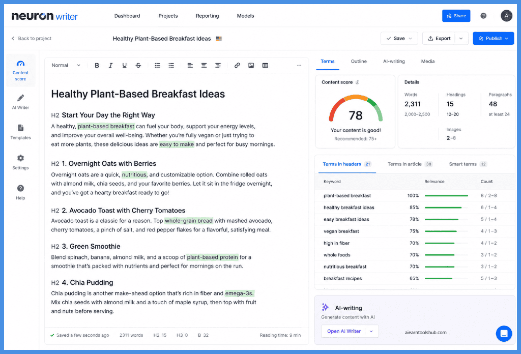NeuronWriter dashboard showing AI-powered content optimization, SEO content score, keyword suggestions, content editor, semantic analysis, and writing recommendations for search-optimized articles.