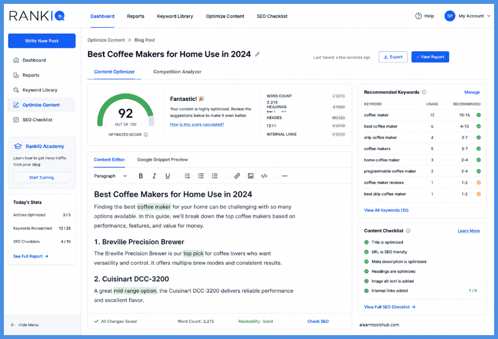 RankIQ dashboard showing AI-powered blog content optimization, SEO score, keyword recommendations, content editor, SEO checklist, and optimization tools designed specifically for bloggers.