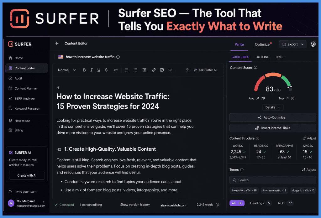 Surfer SEO Content Editor interface showing real-time content optimization, SEO content score, keyword recommendations, content structure analysis, and AI writing assistance for creating search-optimized articles.
