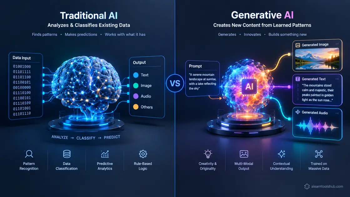 comparison diagram illustrating what is generative ai? synthesizing content versus traditional ai classifying data
