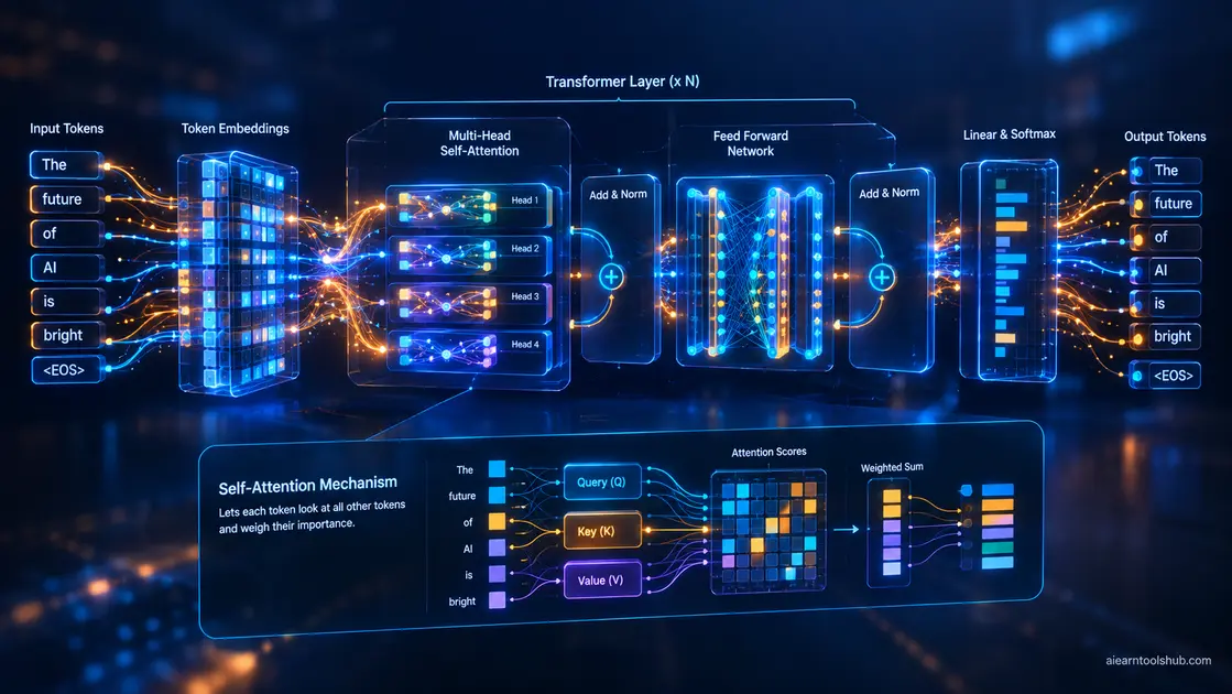 abstract glowing transformer model architecture showing self attention mechanism in what is generative ai?