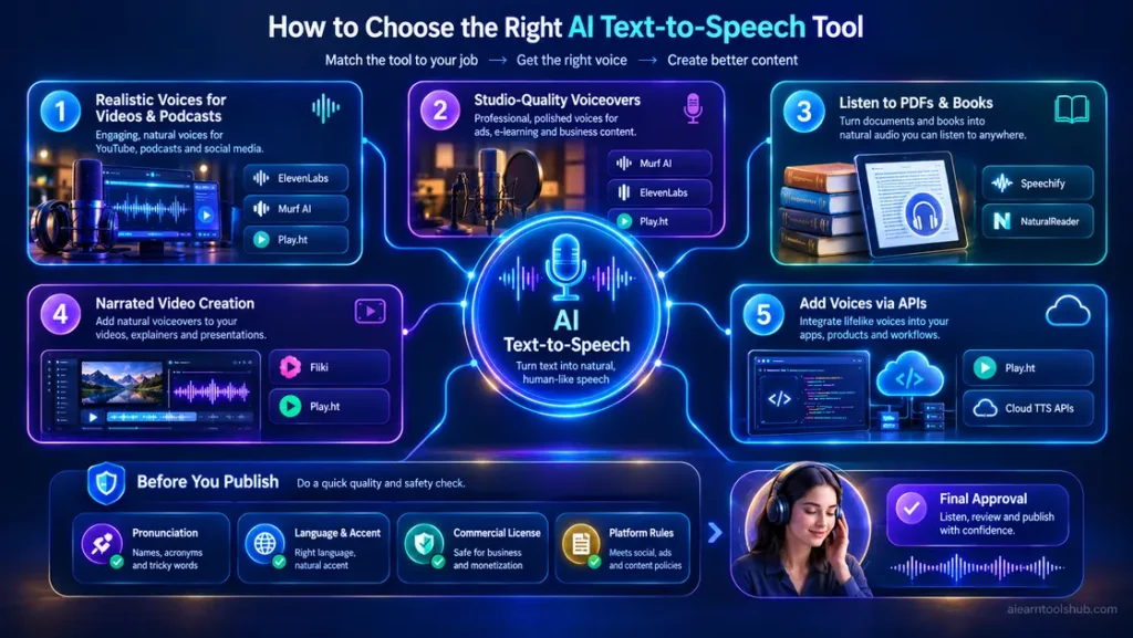 AI text to speech tool chooser for voiceovers, document reading, video, and developer APIs