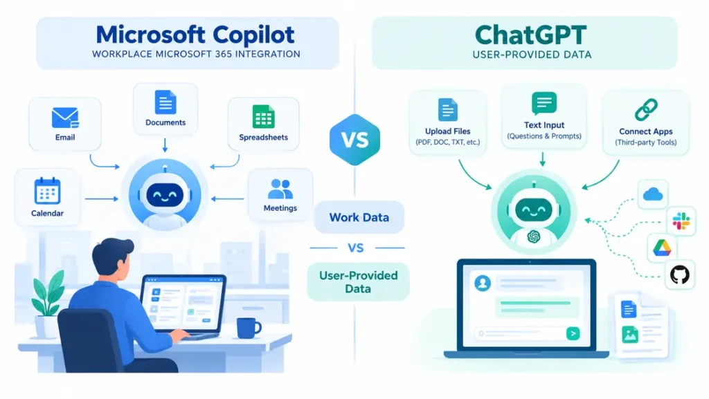Microsoft Copilot work data integration compared with ChatGPT uploaded files and connected apps