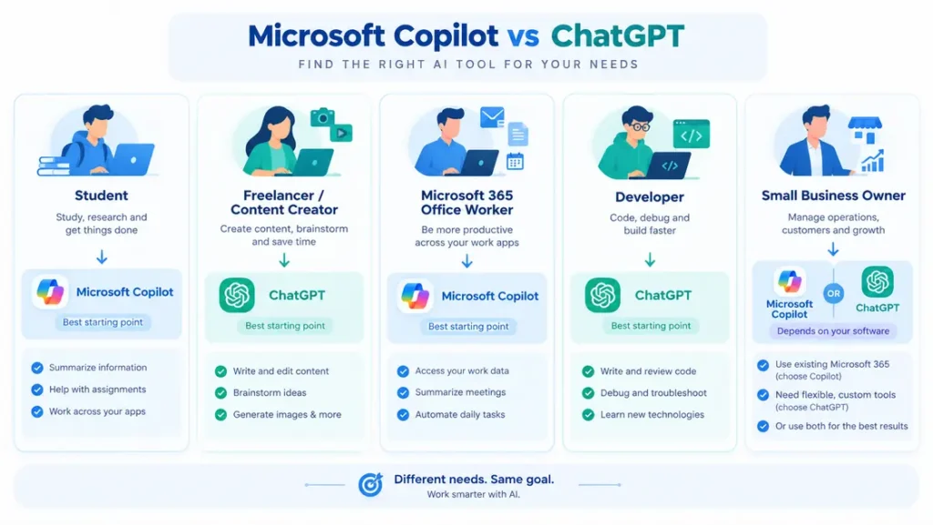 Microsoft Copilot vs ChatGPT decision chart for students freelancers office workers and developers